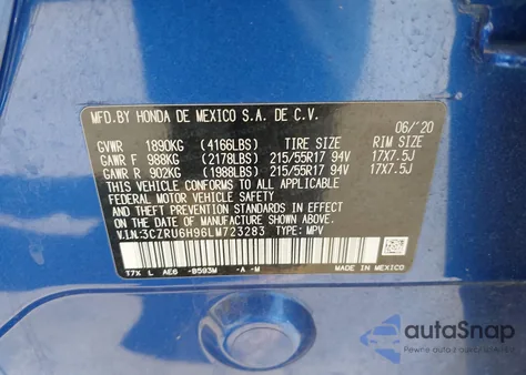 2020 Honda Hr-V Awd Touring from USA, damaged, VIN 3CZRU6H96LM723283